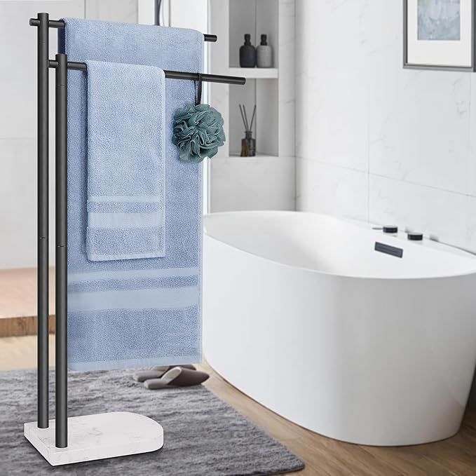 Livabber Standing Towel Rack, 304 Stainless Steel 2-Tier Towel Holder Stand with Marble Base, Modern Stylish Tall Shower Towel Bar for Bathroom Accessories, Pool（Black）
