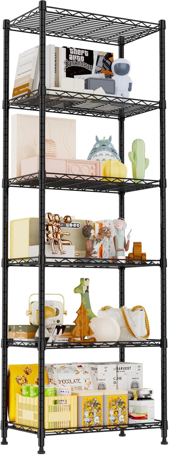 REGILLER 6 Wire Shelving Steel Storage Rack Adjustable Unit Shelves for Laundry Bathroom Kitchen Pantry Closet(Black,11.7" D x 21.4" W x 63" H)