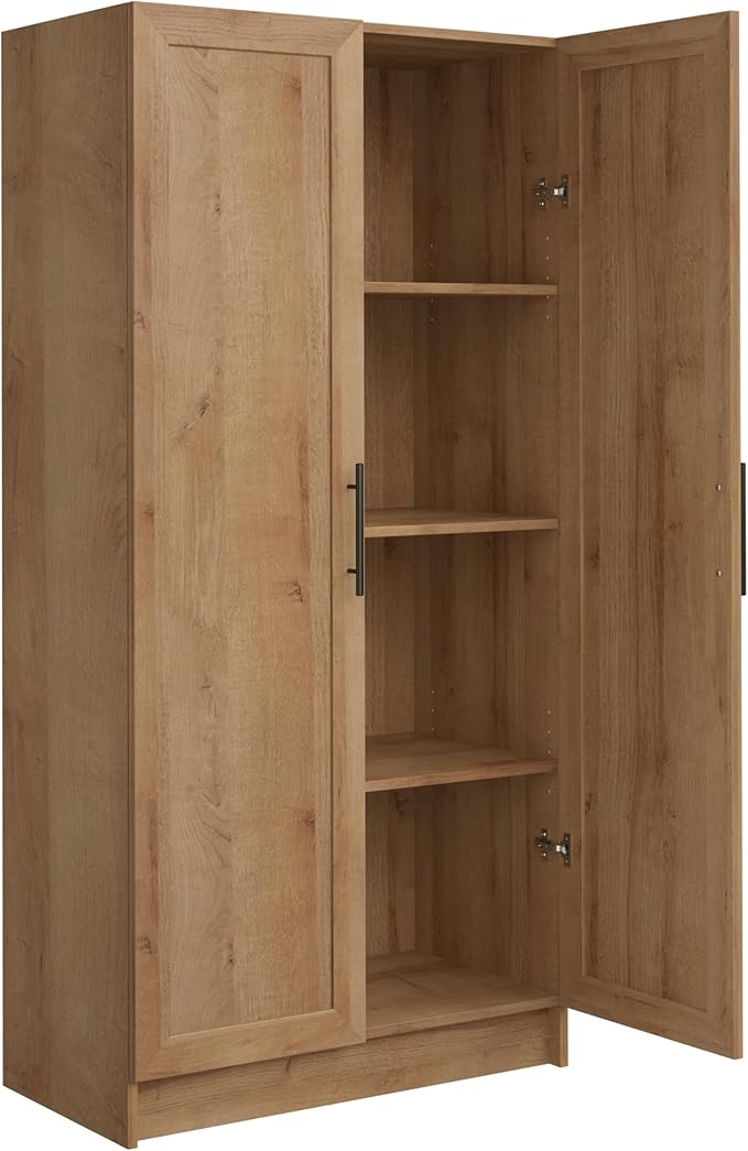 Prepac Natural Oak Elite 65" Tall Accent Kitchen Pantry Cabinet, Craft or Bathroom Storage Cabinet, Buffet Storage with Panel Doors, 3 Shelves, 32" W x 16.75" D x 65" H, Ideal for Home Organization