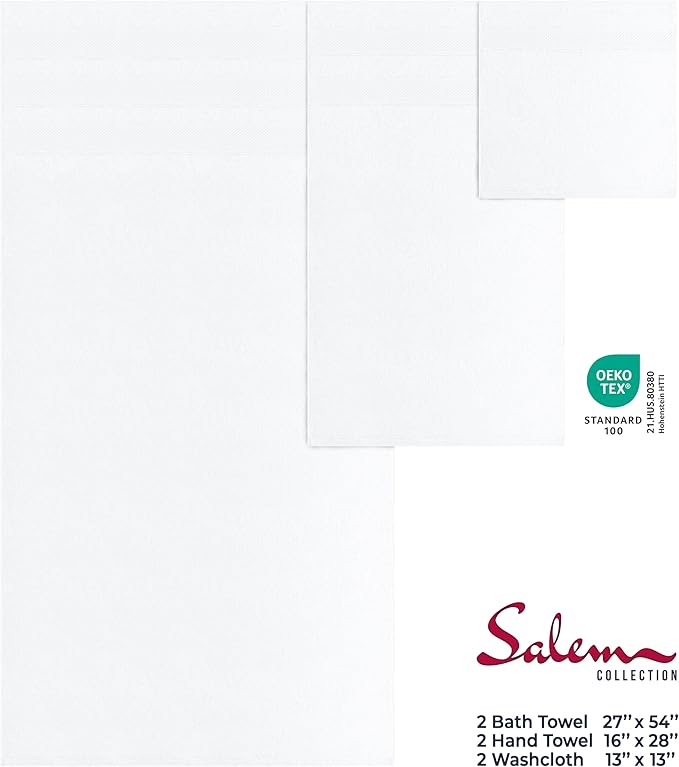 American Soft Linen Salem Turkish Bath Towel Set, 100% Cotton 600 GSM 6 Piece Towels for Bathroom, 2 Bath Towels 2 Hand Towels 2 Washcloths, White