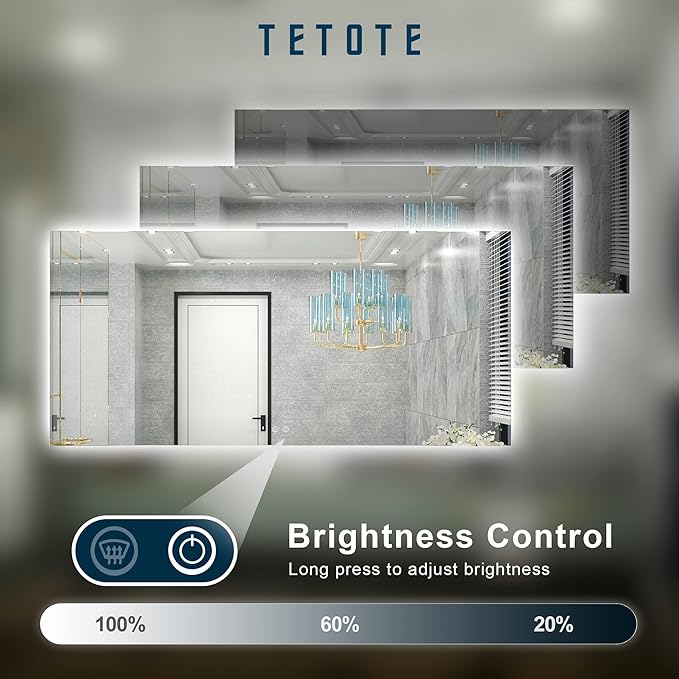 TETOTE 60 x 28 Inch LED Backlit Mirror with Light Bathroom Vanity Lighted Mirror,Anti-Fog,Dimmalbe,CRI90+,Waterproof,Wall Mounted