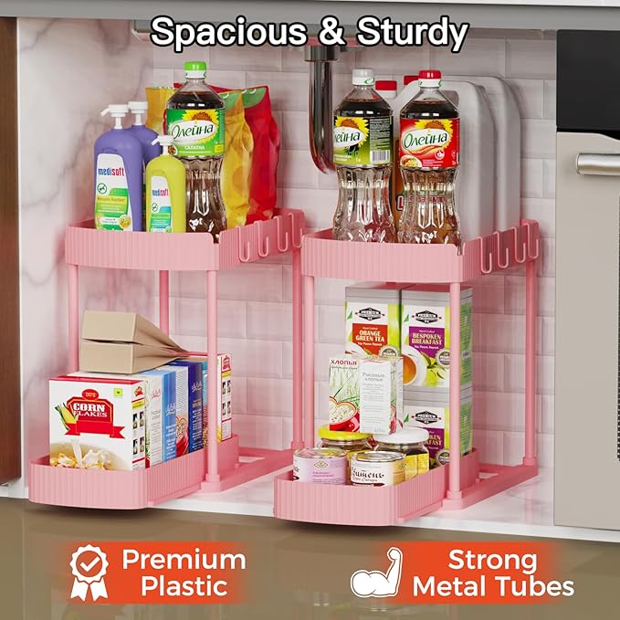 2 Pack Multi-Purpose Pull-Out Storage Organizers, Under Sink Organizers and Storage for Bathroom & Kitchen, Under Cabinet Organizers and storage, 14.8 Inch, Pink