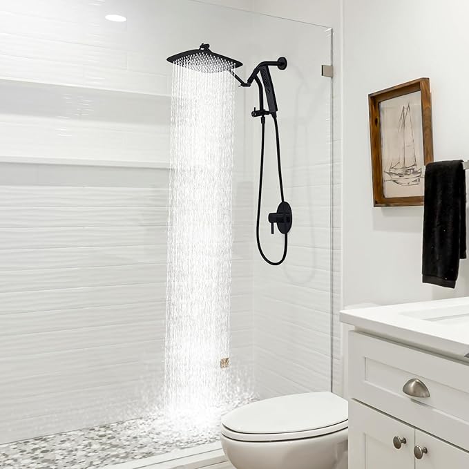 G-Promise All Metal 12 Inch Shower Head with Massage Mode Handheld, Rain Shower Head with Handheld Spray Combo, 3-Way Diverter with Pause Setting, 11 Inch Adjustable Extension Arm (Matte Black)