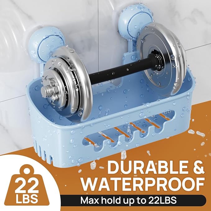LEVERLOC Shower Caddy Suction Cup Set Shower Organizer & Soap Holder & Toothbrush Holder, Bathroom Shelf Basket NO-Drilling, Removable Suction Storage Waterproof Bathroom Caddy, Blue