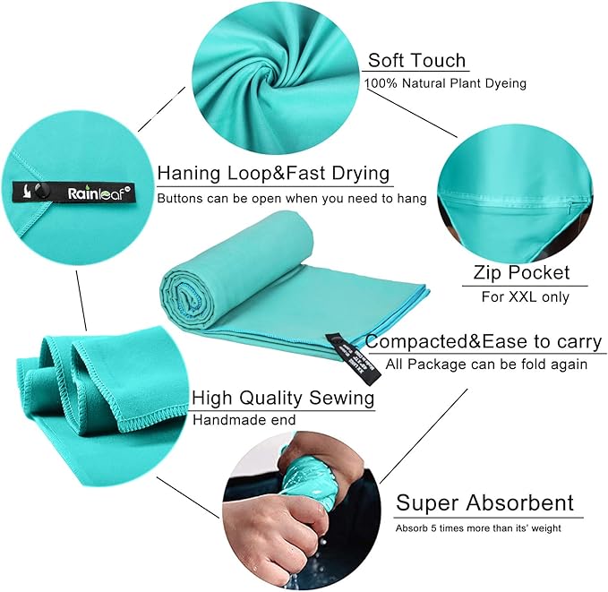 Rainleaf Microfiber Towel Perfect Travel & Gym & Camping Towel. Quick Dry - Super Absorbent - Ultra Compact - Lightweight. Suitable for Trip, Beach, Shower, Backpacking, Pool