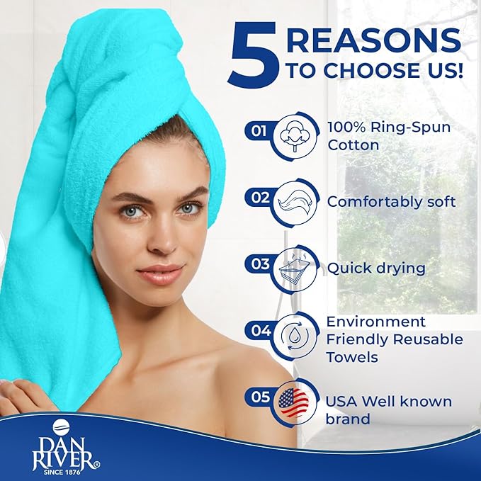 DAN RIVER 8 PC Luxury Bath Towels for Bathroom, 2 Bath, 2 Hand, and 4 Wash Cloths, 600 GSM 100% Ring Spun Cotton Towel Set, Highly Absorbent, Gym, Hotel, and Spa, Aqua
