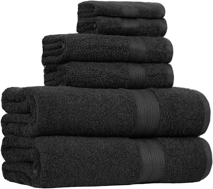 Amazon Basics 6 Piece Oversized Fade resistant Towel set, 100% Cotton towels for bathroom, soft and absorbent, 2 Bath Towels, 2 Hand Towels and 2 Washcloths bathroom towel set, Black