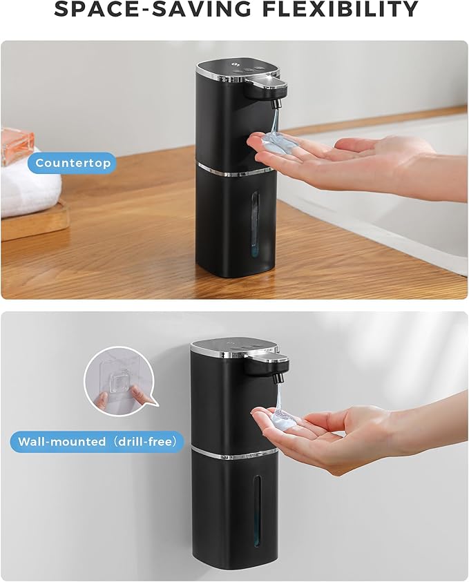 2 Pack Automatic Liquid Soap Dispenser, 12.8oz Rechargeable, Adjustable Liquid Levels, IPX5 Waterproof, Touchless & Wall/Tabletop Use for Kitchen Bathroom, Black