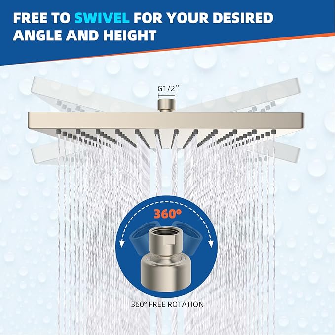 Hibbent Thickness Metal Rain Shower Head, 10'' High Pressure Rainfall Shower Head, Square Bathroom Waterfall Shower Heads, High Flow Fixed Showerheads with Adjustable Brass Ball Joint, Brushed Nickel