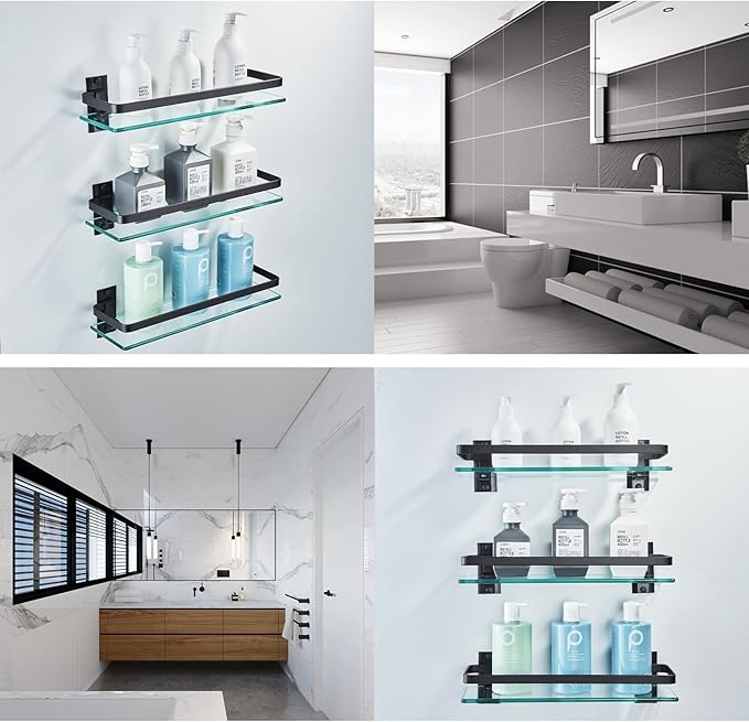 AIJALY 2 Pack Bathroom Glass Shelf,Aluminum Tempered Glass 0.34in Extra Thick Rectangular 1 Tier Storage Organizer Wall Mount,Black 15.7in