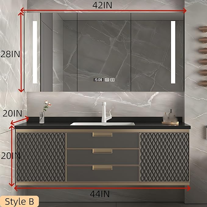 Modern Bathroom Vanity - Wall-Mounted Bathroom Cabinet with LED Light | Intelligent Defogging Mirror Cabinet Includes Time Display Function, 2 Drawers & 2 Storage Cabinets (Style B, 44IN)