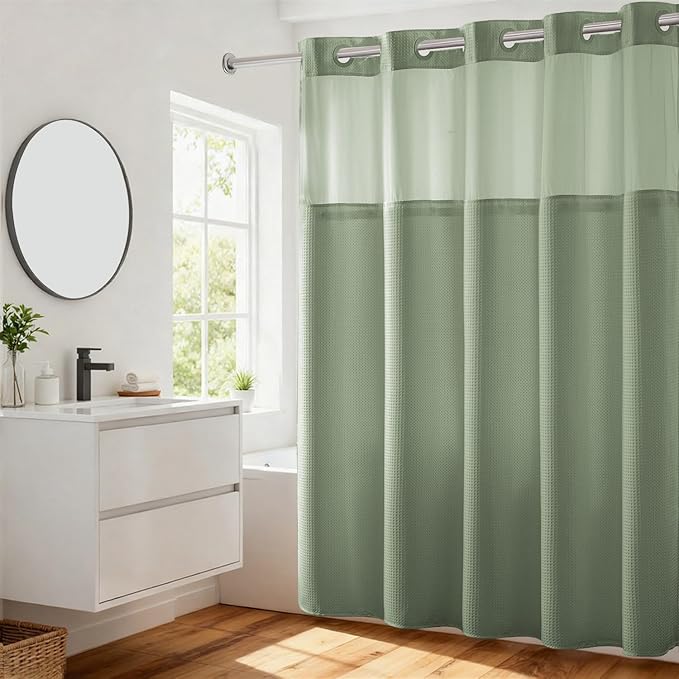 River Dream Green Heavyweight No Hooks Required Shower Curtain with Snap in Liner - Dotted Waffle Weave,Hotel Grade,Spa Like Bath Curtain,71W x 74H