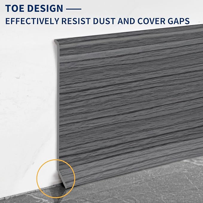 Flexible Baseboard Molding Trim 4 Inch Self-Adhesive Vinyl Wall Base Peel and Stick Cove Base Rubber Wall Baseboard Moulding Trim (20Ft, Deep Gray Wood Grain)