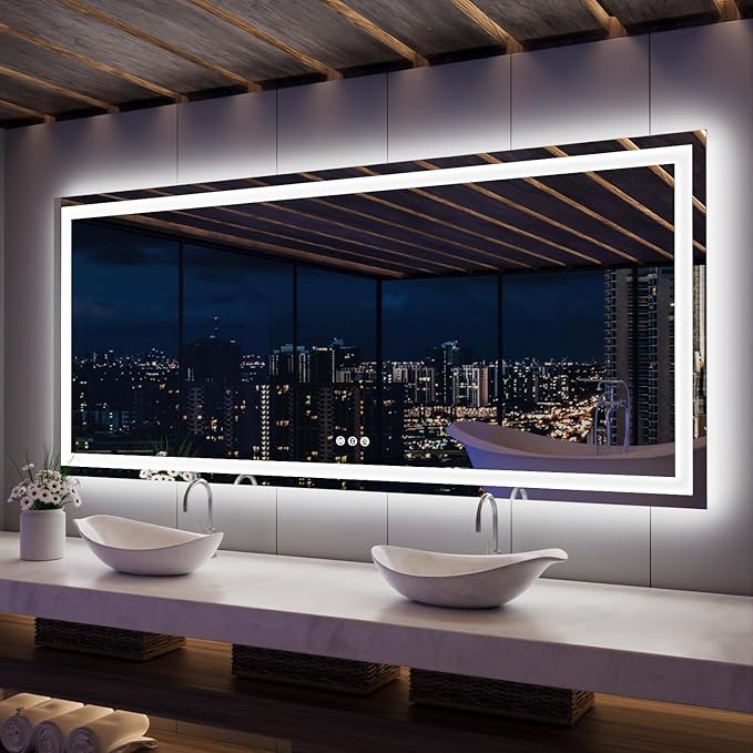 ISKM 84'' x 40'' LED Mirror for Bathroom Lighted Vanity Mirror for Wall Front Lights + Backlit LED Bathroom Mirror Anti-Fog Tempered Glass ETL Listed