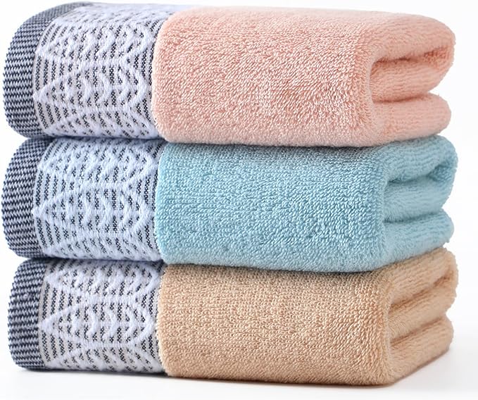 3 Pack Leaf Print Hand Towels, Decorative Cotton Soft & Highly Absorbent Towels Set for Bathroom, Face Spa, Kitchen, 13 x 30 Inches (Blue Beige Pink - 3 Pack)