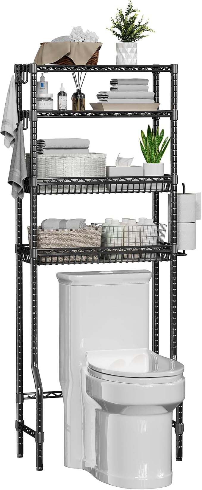 4-Tier Over The Toilet Storage, Bathroom Shelves with 6 Hooks, Metal Over Toilet Organizer with Adjustable Shelf and Basket, Freestanding Rack Space Saver for Bathroom, Laundry, Black