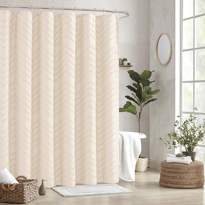 Cream Shower Curtain Boho Farmhouse Shower Curtain 72”W x 72”L Tufted Chevron Textured Minimalist Shower Curtains for Bathroom