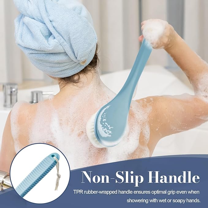 Back Scrubber for Shower, Shower Body Brush for Cleaning with Long Handle for Showering, 17 Inch Back Washer Exfoliator for Shower Men Women with Non-Slip Handle, Adhesive Hook (Blue)