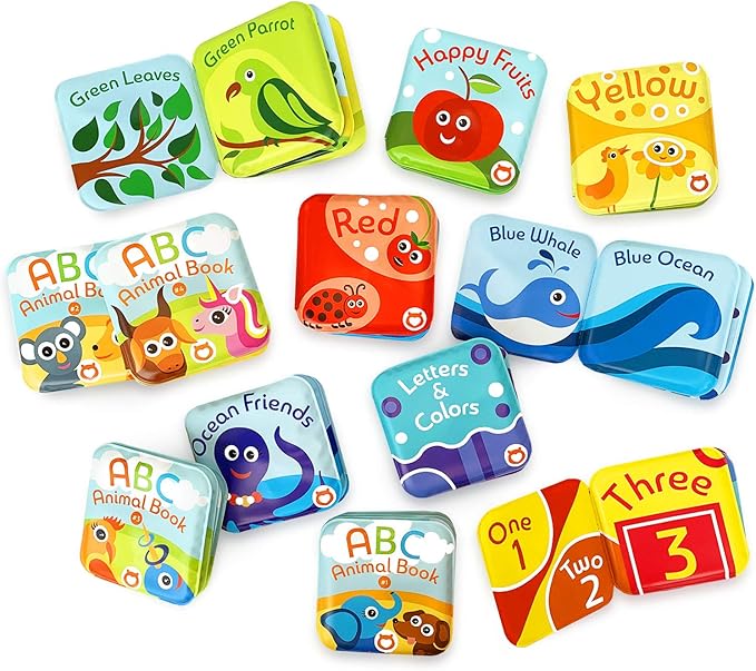 Super Bath Book Set of 12 (Fruits, Ocean Friends, ABC, Numbers Books; Color Recognition Bath Books Including Yellow, Green, Red and Blue Color Topics, ABC Animal Bath Books.