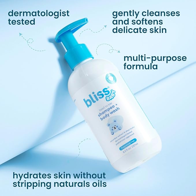 Bliss Baby Shampoo and Body Wash, Premium 2-in-1 For Babies, Toddlers & Kids, Unscented & Hypoallergenic - Gentle Baby Soap - Vegan, Hydrating For Sensitive Skin - Avocado, Shea Butter & Calendula