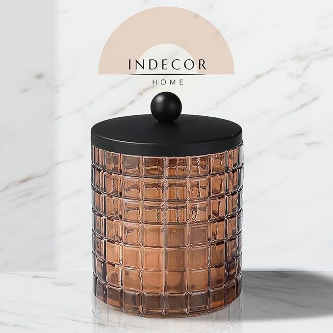 Amber Colored Tranlucent Apothecary Etched Geometric Grid Glass Jar W/Matte Black Metal Lid for Bathroom Organization, Cotton Balls, Q Tips, and Small Accessories, Bathroom Storage