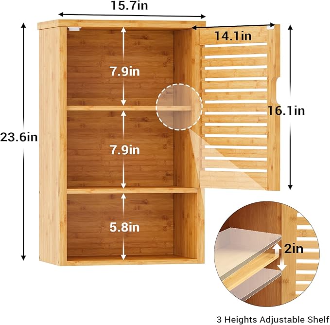 VIAGDO Bathroom Wall Cabinet, Wooden Medicine Cabinet with Single Door and Adjustable Inner Shelf, Bamboo Storage Cabinet Wall Mounted, Over The Toilet Hanging Cupboard, 15.7’’Lx7.8’’Wx23.6’’H
