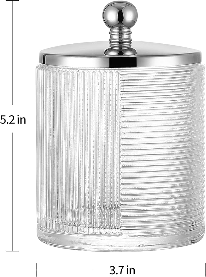 Clear Transparent Apothecary Ribbed Geometric Etched Glass Jar W/Silver/Chrome Metal Lid Cover for Bathroom Organization, Cotton Balls, Q Tips, and Small Accessories, Bathroom Storage