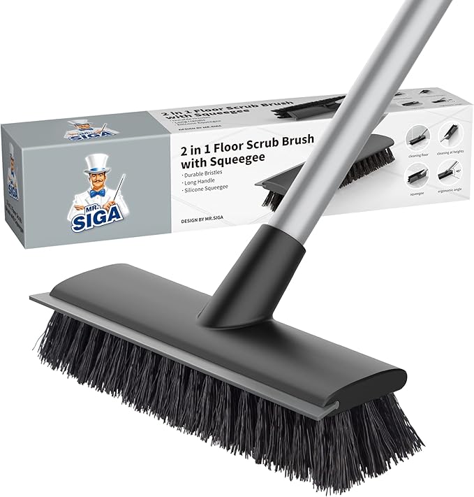 MR.SIGA Floor Scrub Brush with Long Handle, 2 in 1 Scrubber and Squeegee for Cleaning Bathroom, Patio, Garage, Wall, Tile with Stiff Bristles