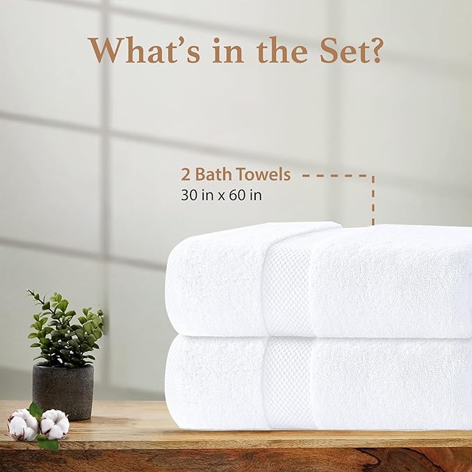 100% Cotton Bath Towels, Pack of 2 Towels for Bathroom, Luxury 700 GSM Bath Towel, Highly Absorbent Bathroom Towel Set, 30 x 60 Inches Large Bath Towels, Super Soft & Quick Dry Towel Set, White