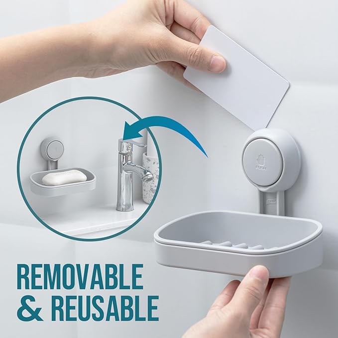 TAILI Soap Dish Bar Holder Suction Cup,SoapSaver with Powerful Vacuum Suction,Sponge Holder for Shower,Bathroom,Tub andKitchen Sink,Universal Shower Accessories,Drill-Free,Removable,2 Pack,Grey