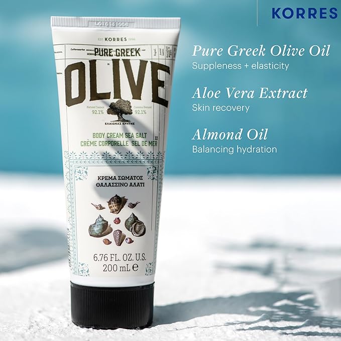 KORRES Olive Body Lotion for Dry Skin, Moisturizer Cream with Vitamin E, Aloe and Pure Greek Olive Oil for Body Care, Hydrating and Nourishing for Smooth, Supple Skin, Sea Salt Scented, 6.76 fl oz