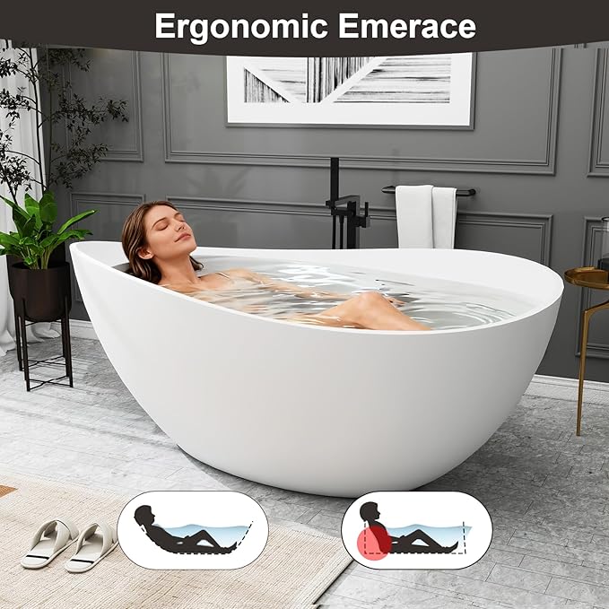 63 Inch Stone Resin Freestanding Bathtub, Modern Oval Soaking Bathtubs Tubs, Contemporary Solid Surface Bathtubs with Overflow and Pop-up Drain, Matte White