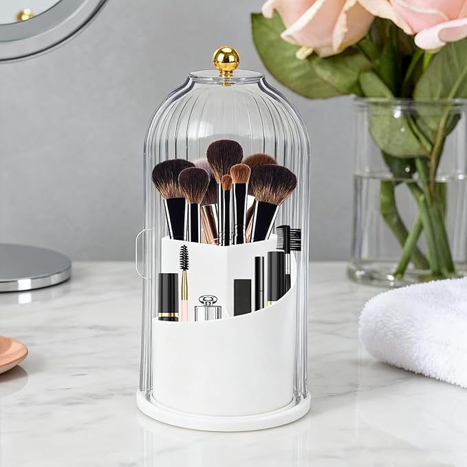 Toothbrush Holder with Cover, 360 Rotating Dust-proof Toothbrush Holder 3 Slots Rotating Makeup Brush Holder for Vanity Bathroom Countertop Organizer (Transparent)