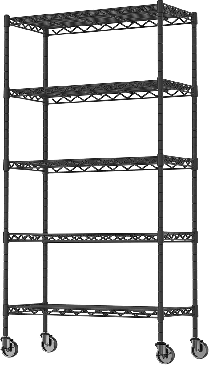5-Shelf Adjustable Heavy Duty Storage Shelving Unit on 4 Wheel Casters, Metal Organizer Wire Rack for Laundry Bathroom Kitchen Pantry Closet, Black