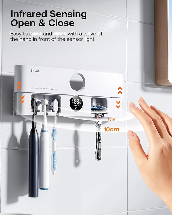 Bitvae Toothbrush Holder, Cleaning and Fast Drying, 5 Toothbrush Slots or Shaver Slot Accessories for Family, LED Smart Screen, Wall Mounted Holders for Bathrooms
