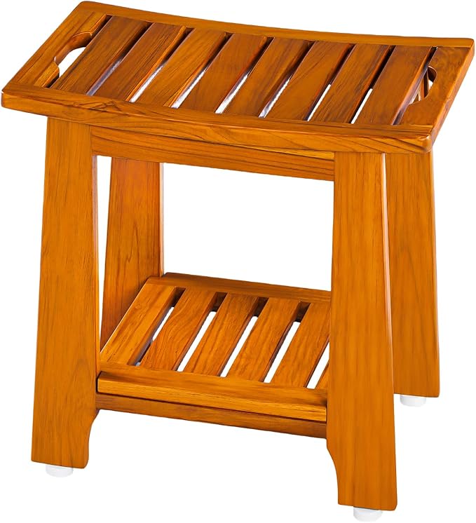 14" Compact Teak Shower Stool with Shelf & Handle - Waterproof, Non-Slip Bath Bench for Small Bathrooms/Outdoor Use, 300 lbs Capacity (Patented)