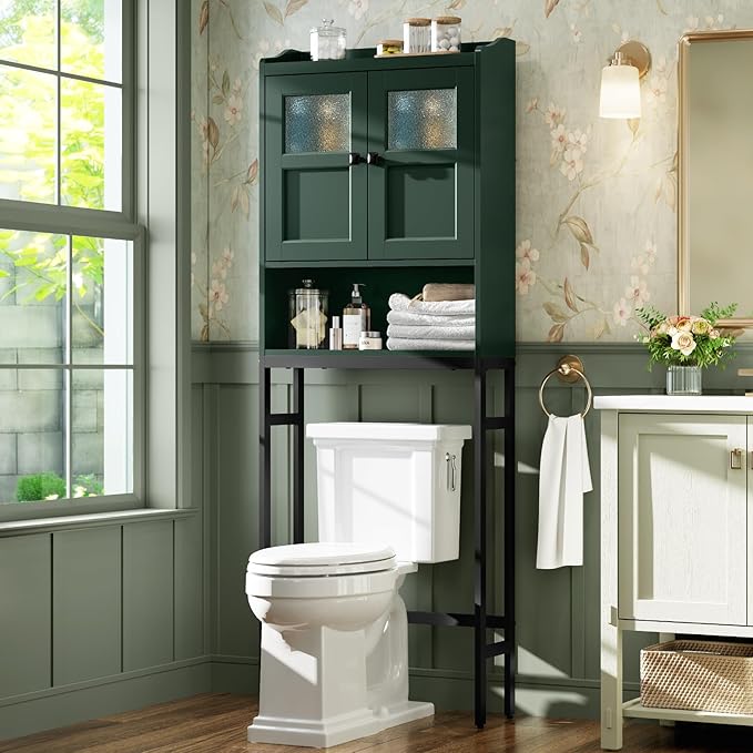Over The Toilet Storage, Bathroom Over The Toilet Organizer, Above Toilet Storage with Double Doors and Soft Hinges Over Toilet Storage Shelf Over The Toilet Storage Cabinet (Forest Green)