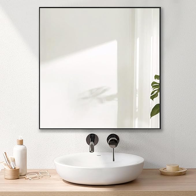 24x24 Inch Black Bathroom Mirror, Copper-Free Mirror, Aluminum Alloy Frame Vanity, Rectangle Wall Mounted Modern Mirror for Bedroom/Living Room/Porch Horizontal or Vertical