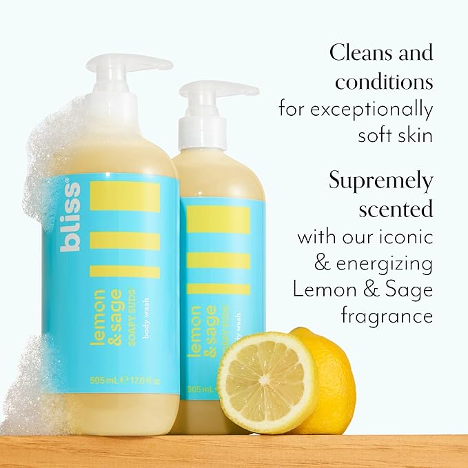 Bliss Soapy Suds Body Wash - Lemon and Sage - 17 Fl Oz - Gentle and Hydrating for Supremely Soft Skin - Paraben Free - Vegan & Cruelty Free