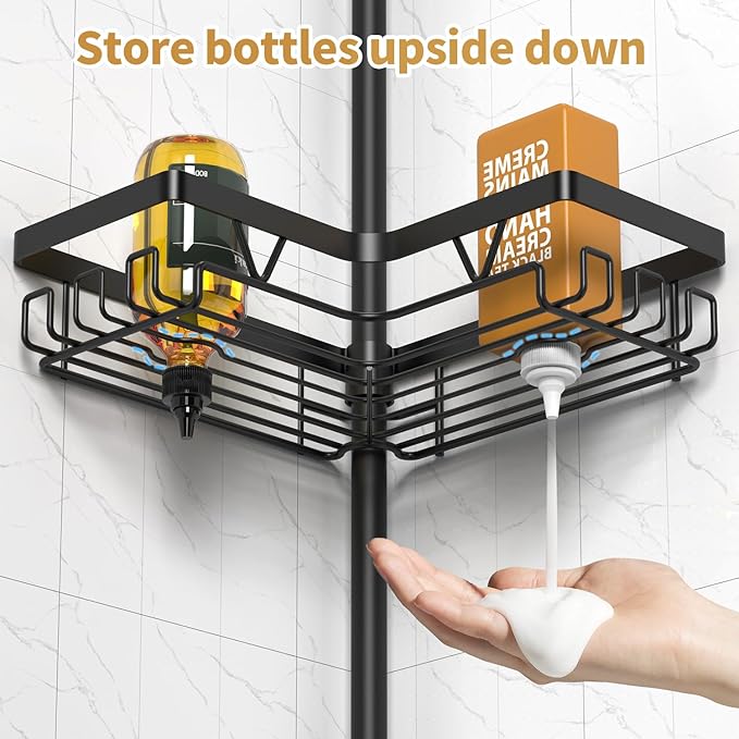 Adjustable Tension Pole Shower Caddy, 5-Tier Stainless Steel Shower Shelf Organizer with 2 Movable Toothbrush Holders, 25-115 Inches Extendable Bath Tub Conner Storage Shelf for Family, Black