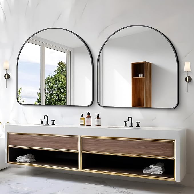Arched Bathroom Mirror, 30"x30" Black Arched Mirror for Bathroom, Wall Mounted Mirror, Vanity Wall Mirror Metal Frame for Bedroom, Entryway, Living Room, Vertically Hanging