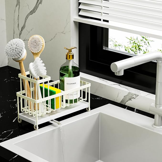 Cisily Cream Sponge Holder for Kitchen Sink, Sink Caddy Organizer with High Brush Holder, Kitchen Countertop Organizers and Storage Essentials, Rustproof 304 Stainless Steel, Soap Dispenser Organize