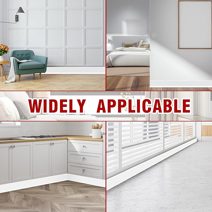 Vinyl Baseboard Molding Trim 4 Inch x 20 Feet Peel and Stick Baseboard Trim Flexible PVC Cove Base Moulding Self-Adhesive Trim for Garage Bathroom Cabinet Floor Walls, White