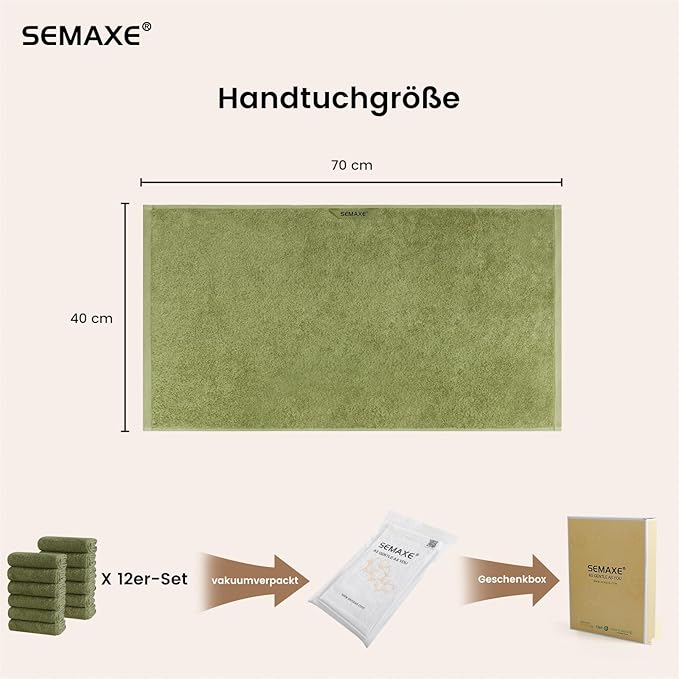 SEMAXE 12 Pack Hand Towels for Bathroom, 100% Cotton Towels with Hanging Loops, Soft and Highly Absorbent, Hand Towel Set for Gym, Shower, Hotel, Spa and Kitchen, Green