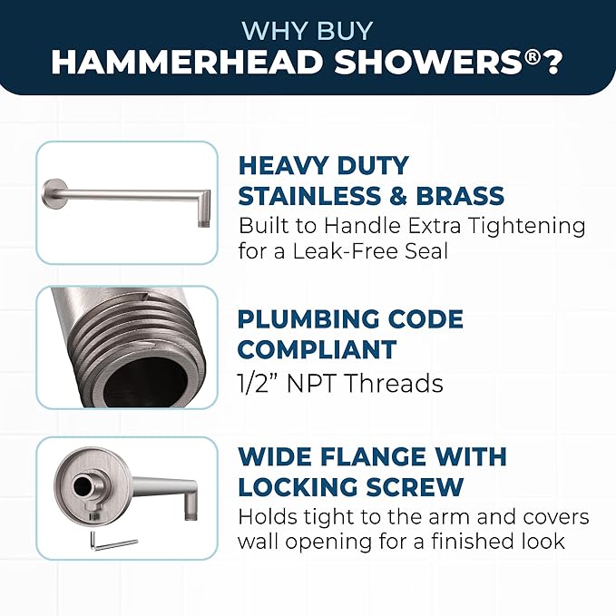 HammerHead Showers® Solid Metal 16 Inch Extended Shower Arm and Flange with Set Screw, Long Shower Arm, Extends Rain Shower Overhead, Wall-Mounted Rain Shower Arm, Brushed Nickel