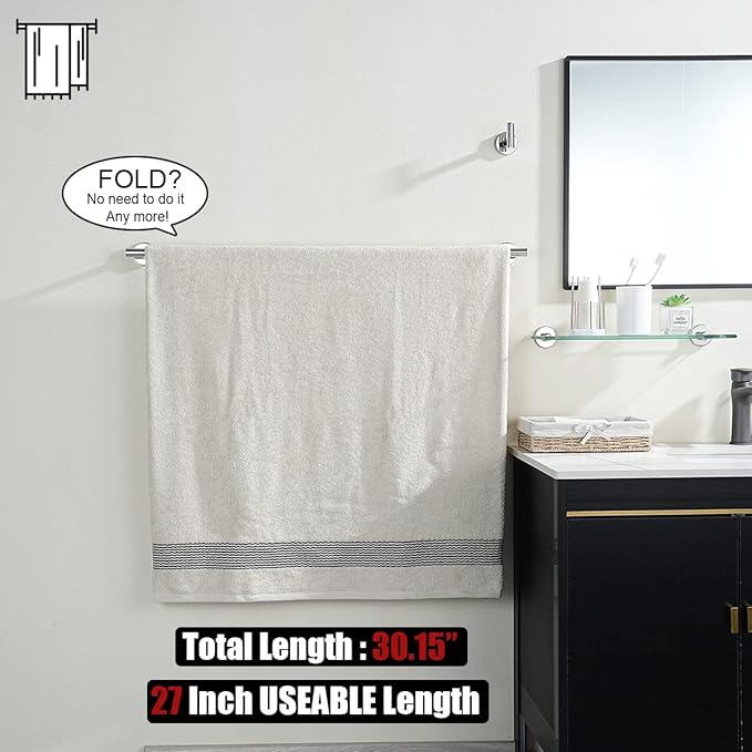 JQK Chrome Bath Towel Bar, 30 Inch 304 Stainless Steel Thicken 0.8mm Towel Rack Bathroom, Towel Holder Polished Finished Wall Mount, Useable Length 27 Inch, TB110L27-CH