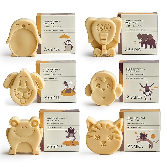 ZAAINA Kids Soap Bar (Set of 6) – Christmas Stocking Stuffers, Unique Natural Animal Shaped Soaps for Children, Gentle Bath Soap for Sensitive Skin, Fun Bath Time Gift for Boys Girls – Handmade in USA