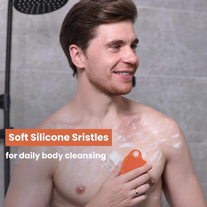 Silicone Body Scrubber Silver-Infused Dual-Sided 3-in-1 for Shower, Body Cleaning+Massage+Exfoliator Body Brush Buffer for Men and Women, Silicone Loofah, Non-Slip Handle (Orange)