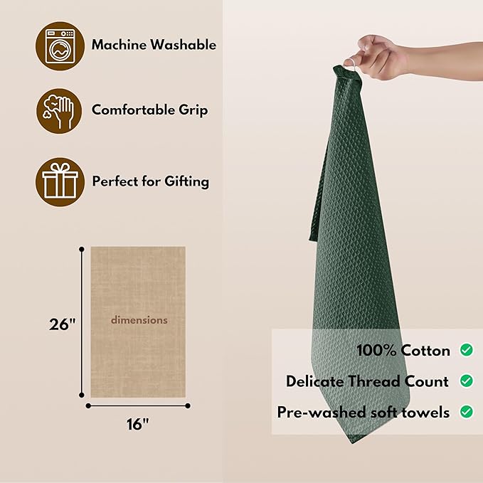 Native Fab Cotton Kitchen Towel with Hanging Loop 16x26 inches, 4-Pack, Waffle Weave Kitchen Towels for Cleaning Drying, Washcloths Soft & Absorbent Cloth Rags, Bar Towel, Dish Cloth, Olive Green