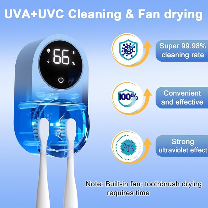 Toothbrush Holder and Cleaner for Bathroom Light Cleaning Fan Drying Round in Circle Automatic Rotating Cover Wall Mounted Smart Home Gadgets (02 Blue)